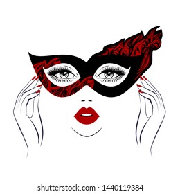 Beautiful woman face with red lips in black mask with red decoration print, floral motifs, lush eyelashes, hand with red manicure nails. Beauty Logo. Vector illustration. Party carnival mask. 