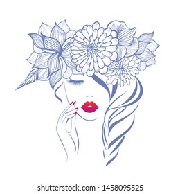 Beautiful woman face red lips, hand with red manicure nails. Beauty Logo. Vector illustration, diadem flowers, floral motive, abstract flowers, spa salon, sign, symbol, nails studio.