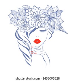 Beautiful woman face red lips, hand with red manicure nails. Beauty Logo. Vector illustration, diadem flowers, floral motive, abstract flowers, spa salon, sign, symbol, nails studio.