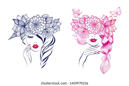 Beautiful woman face red lips, hand with red manicure nails. Beauty Logo. Vector illustration, diadem flowers, butterflies, floral motive, abstract flowers, spa salon, sign, symbol, nails studio.