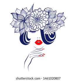 Beautiful woman face red lips, hand with red manicure nails, stylish hairstyle. Beauty Logo. Vector illustration, diadem flowers, floral motive, abstract flowers, spa salon, sign, symbol, nails studio