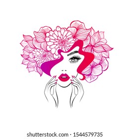 Beautiful woman face red lips, hand with red manicure nails. Beauty Logo. Vector illustration, diadem flowers, floral motive, abstract flowers, spa salon, sign, symbol, nails studio.