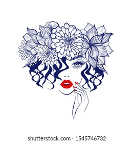 Beautiful woman face red lips, hand with red manicure nails, stylish hairstyle. Beauty Logo. Vector illustration, diadem flowers, floral motive, abstract flowers, spa salon, sign, symbol, nails studio