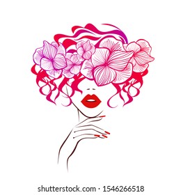 Beautiful woman face red lips, hand with red manicure nails. Beauty Logo. Vector illustration, diadem flowers, floral motive, abstract flowers, spa salon, sign, symbol, nails studio.