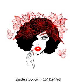 Beautiful woman face red lips, hand with red manicure nails. Beauty Logo. Vector illustration, diadem flowers, butterflies, floral motive, abstract flowers, spa salon, sign, symbol, nails studio.