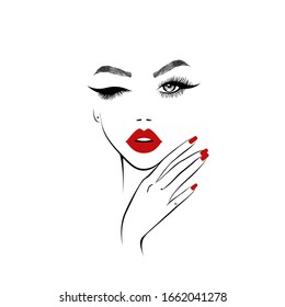 Beautiful woman face with red lips, eyelash extension, one eye open one closed, hand with red manicure nails. Spa salon. Beauty Logo. Vector illustration