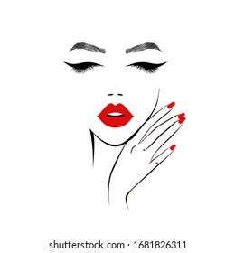 Beautiful woman face with red lips, lush eyelashes, hand with red manicure nails. Spa salon. Beauty Logo. Vector illustration