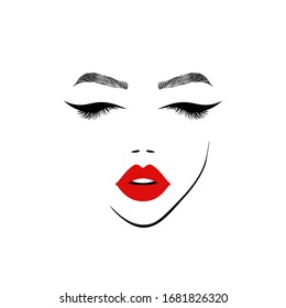 Hermosa cara de mujer con labios rojos para el logotipo de belleza, signo, símbolo, icono para salón, salón de belleza, peluquería, empresa o centro. Ilustración del vector