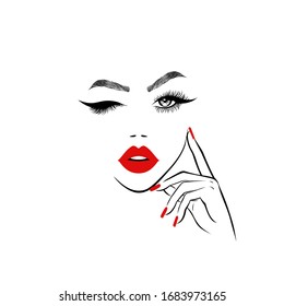 Beautiful woman face with red lips and lush eyelashes with one eye open and one closed, hand with red manicured nails. Spa salon Beauty Logo. Vector illustration