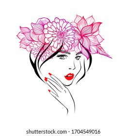 Beautiful woman face red lips, hand with red manicure nails, stylish hairstyle. Beauty Logo. Vector illustration, diadem flowers, floral motive, abstract flowers, spa salon, sign, symbol, nails studio