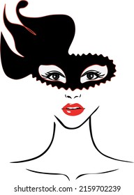 Beautiful woman face with red lips in black mask with floral motive, lush eyelashes. Beauty Logo. studio art. Vector illustration. Party carnival mask.