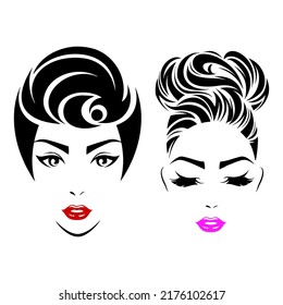Beautiful Woman face, red lips, fashion woman, element design, nails studio, curly hairstyle, hair salon sign, icon. Beauty Logo. Vector illustration.

