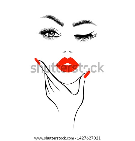 Beautiful woman face with red lips, lush eyelashes, one eye open one closed, hand with red manicure nails. Spa salon. Beauty Logo. Vector illustration