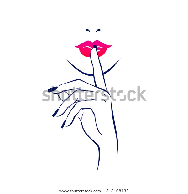 Beautiful woman face red\
lips, hand with black manicure nails, a finger with a varnish at\
the mouth. Beauty Logo. Vector illustration, spa salon, symbol,\
nails studio.