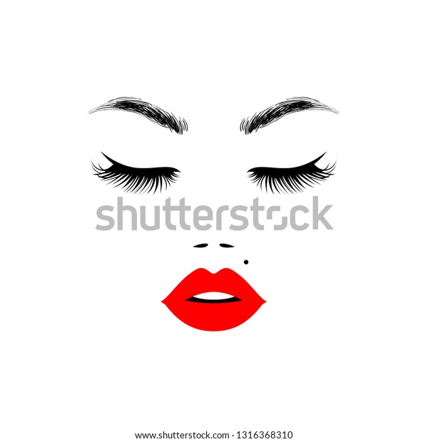 Beautiful Woman Face With Red Lips Lush Eyelashes Closed Eyes Make