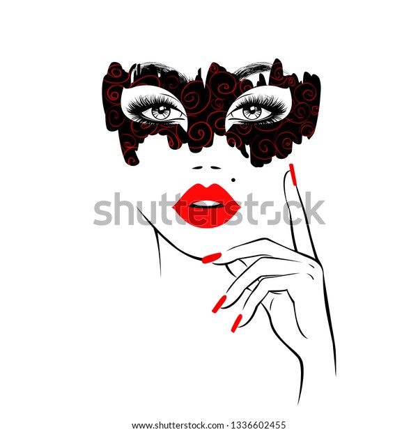 Beautiful Woman Face Red Lips Black Stock Image Download Now