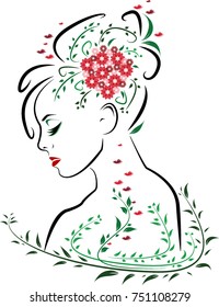 Beautiful Woman Face from Side Profile with Red Lips Surrounded by Green Leaves, Butterflies and Red Flower Bouquet in hair. Vector Illustration.
