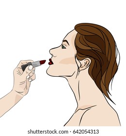 Beautiful woman face side view and a hand with lipstick on white background