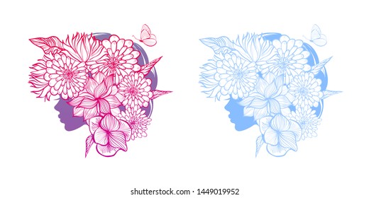 Beautiful woman face silhouette. Beauty Logo. Vector illustration, diadem flowers, butterflies, floral motive, abstract flowers, spa salon, sign, symbol, nails studio, hairdresser salon.