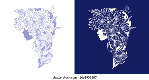 Beautiful woman face silhouette. Beauty Logo. Vector illustration, diadem flowers, butterflies, floral motive, abstract flowers, spa salon, sign, symbol, nails studio, hairdresser salon.