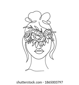 Beautiful woman face silhouette with bun and flowers in line art style. Continuous line vector fashion illustration. Abstract face with flowers for cards, prints, fashion, bridal shower etc.