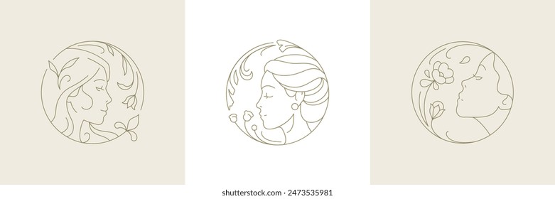 Beautiful woman face smell botanical flowers in golden circle frame line art logo set vector illustration. Elegant botany female portrait organic blossom natural plant monochrome emblem for cosmetics