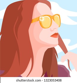 Beautiful woman face with sun light and sunglasses, vector flat illustration, fashion and beauty face of woman