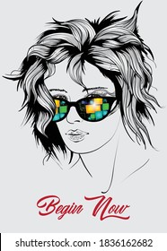 beautiful woman face  in sunglasses hand drawn vector illustration sketch