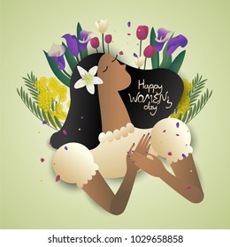 beautiful woman face with symbol flowers,cute cartoon character,vector illustration for greeting card,invitation, celebration or poster,international women's day