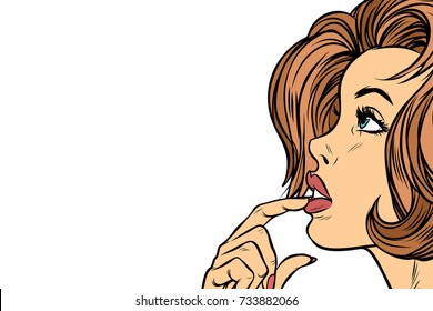 Beautiful woman face thinking. neutral background. Pop art retro vector illustration