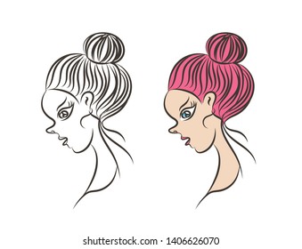 Beautiful woman face vector illustration, girl model, Fashion style, beauty. Graphic, sketch drawing, logo salon, long hair style icon, spa