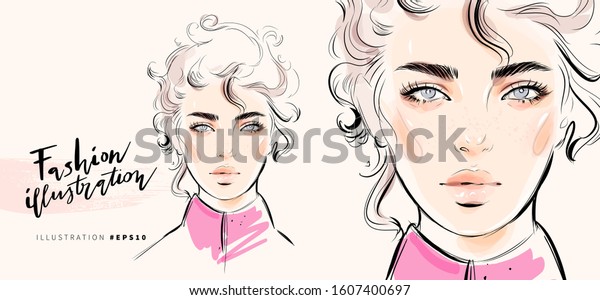 美しい女性の顔のベクター画像 プロのヌード化粧をしたグラマー ガール モデル 手描きのファッションイラスト インク 鉛筆 デジタル水彩 美しさとスタイル のベクター画像素材 ロイヤリティフリー