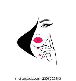 Hermosa cara de mujer con labios viva magenta, pestañas exuberantes, mano con uñas de manicura viva magenta, cabello negro, elegante peinado. Logo De Belleza. Estudio de arte de uñas. Estudio de pelo. Ilustración del vector