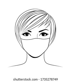 Beautiful woman face wearing a mask with shot hair. Hand-drawn Beautiful face of young woman isolated on white background.Line head of a girl with shot hair. Young lady face sketch vector illustration