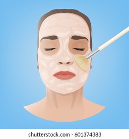 Beautiful woman with a face-pack during the cosmetological procedure. Vector illustration in light beige colours isolated on a blue background.