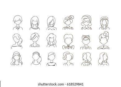 Beautiful woman faces icon set hand drawn vector illustration.