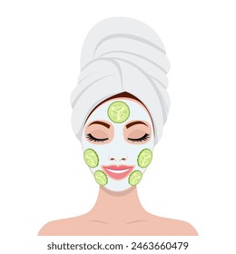 hermosa mujer con máscara facial de rebanadas de pepino en la cara. SPA concepto de belleza y salud. Ilustración vectorial en estilo plano