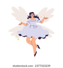 Beautiful Woman Fairy with Wings in Dress Fluttering Around Vector Illustration