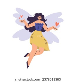 Beautiful Woman Fairy with Wings in Dress Fluttering Around Vector Illustration