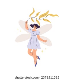 Beautiful Woman Fairy with Wings in Dress Fluttering Around Vector Illustration