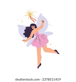 Beautiful Woman Fairy with Wings in Dress Fluttering Around Vector Illustration