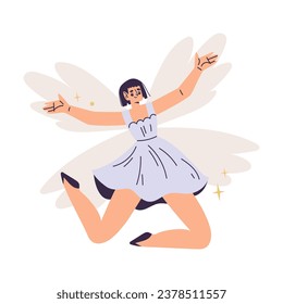 Beautiful Woman Fairy with Wings in Dress Fluttering Around Vector Illustration