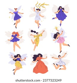 Beautiful Woman Fairy with Wings Fluttering Around Vector Set