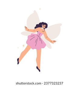 Beautiful Woman Fairy with Wings in Pink Dress Fluttering Around Vector Illustration