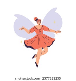 Beautiful Woman Fairy with Wings in Red Dress Fluttering Around Vector Illustration