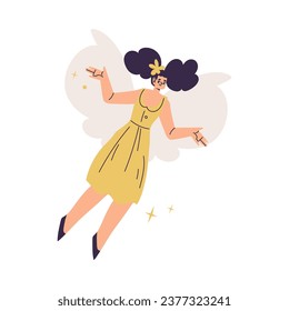 Beautiful Woman Fairy with Wings in Yellow Dress Fluttering Around Vector Illustration