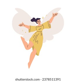 Beautiful Woman Fairy with Wings in Yellow Dress Fluttering Around Vector Illustration