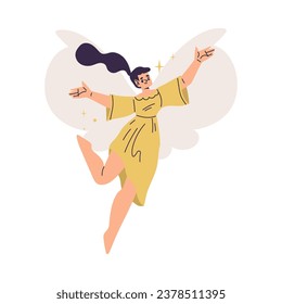 Beautiful Woman Fairy with Wings in Yellow Dress Fluttering Around Vector Illustration