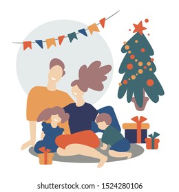 Beautiful woman with family flat vector illustration. New year with family.