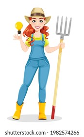 Beautiful Woman Farmer Holding Pitchfork. Cute Girl Farmer Cartoon Character. Stock Vector Illustration On White Background